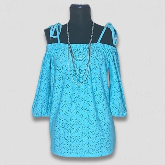 Michael Kors Blue Off Shoulder Laser Cut Blouse Medium - Picture 1 of 12